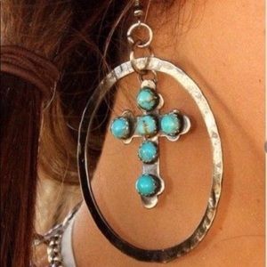 Hammered Silver Oval Turquoise Cross Earrings